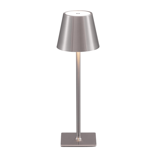 Introducing the Aura Lamp: a sleek desk accessory with a conical shade and cylindrical stand on a square base. Its minimalist design and metallic finish make it perfect for any space, available in versatile color options.